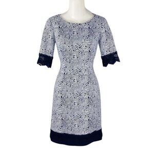 Antonio Melani navy white snake print scuba lace trim sheath dress JJ14